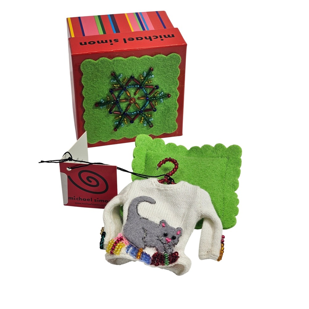 Michael Simon Cat Miniature Sweater Christmas Ornament Beaded White Knit New Box